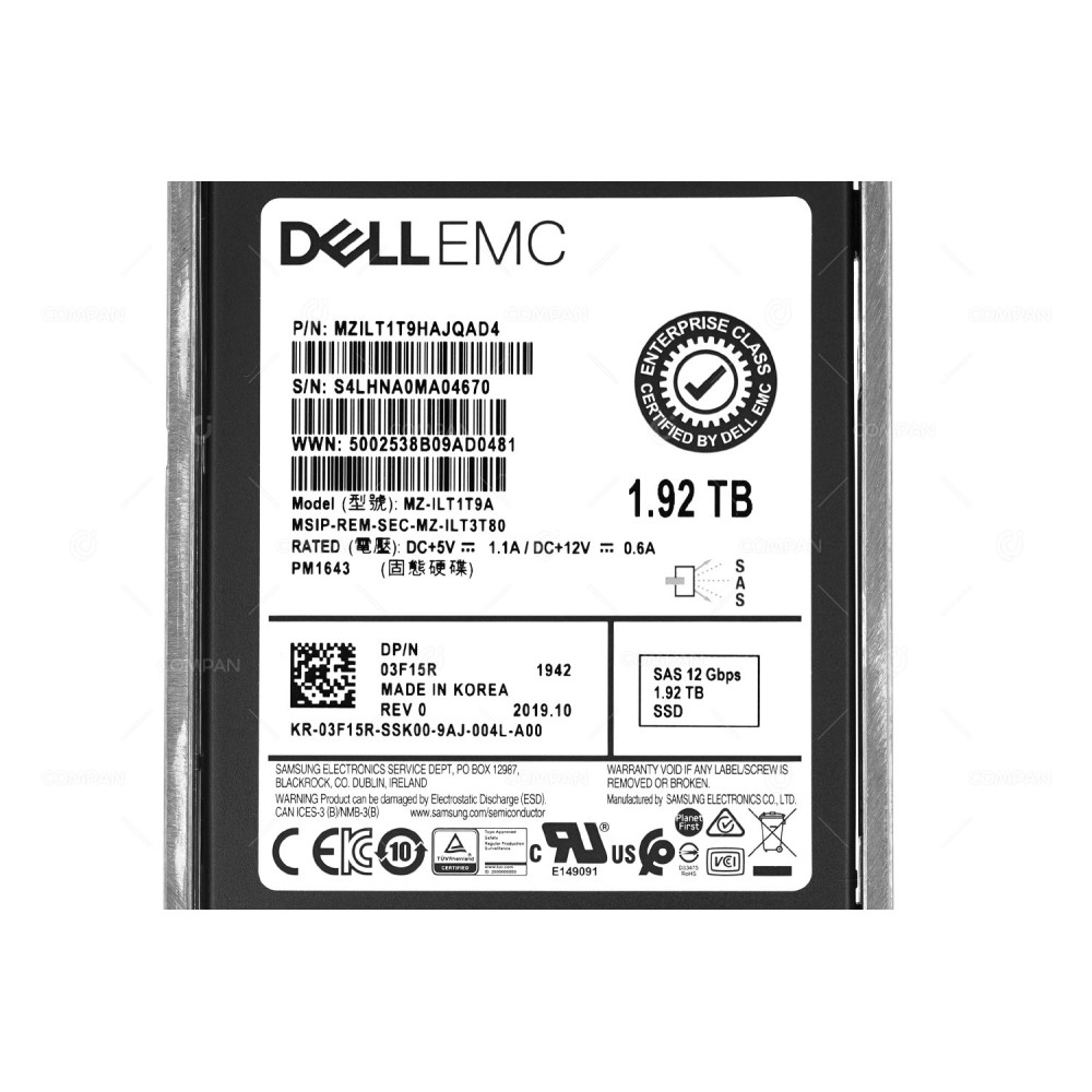 3F15R DELL SSD 1.92TB SAS 12G 2.5" SFF HOT-SWAP FOR DELL SC5020